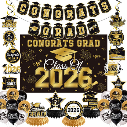 Graduation Decorations 2026 Black Gold 35PCS, Pre-Strung Congrats Grad Banner, Class of 2026 Backdrop, Balloons, Hanging Swirls, Graduation Party Decorations,PRE-ASSEMBLED - Available at All In One Marketplace Canada