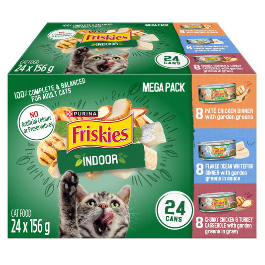 Friskies Indoor Wet Cat Food, Variety Pack 3 Flavours - 156 g Can (24 Pack) - Available at All In One Marketplace Canada