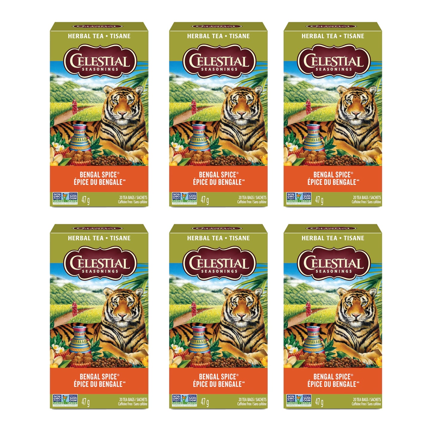 Celestial Seasonings Bengal Spice Herbal Tea, Caffeine Free, 20 Tea Bags Box, 6-Pack