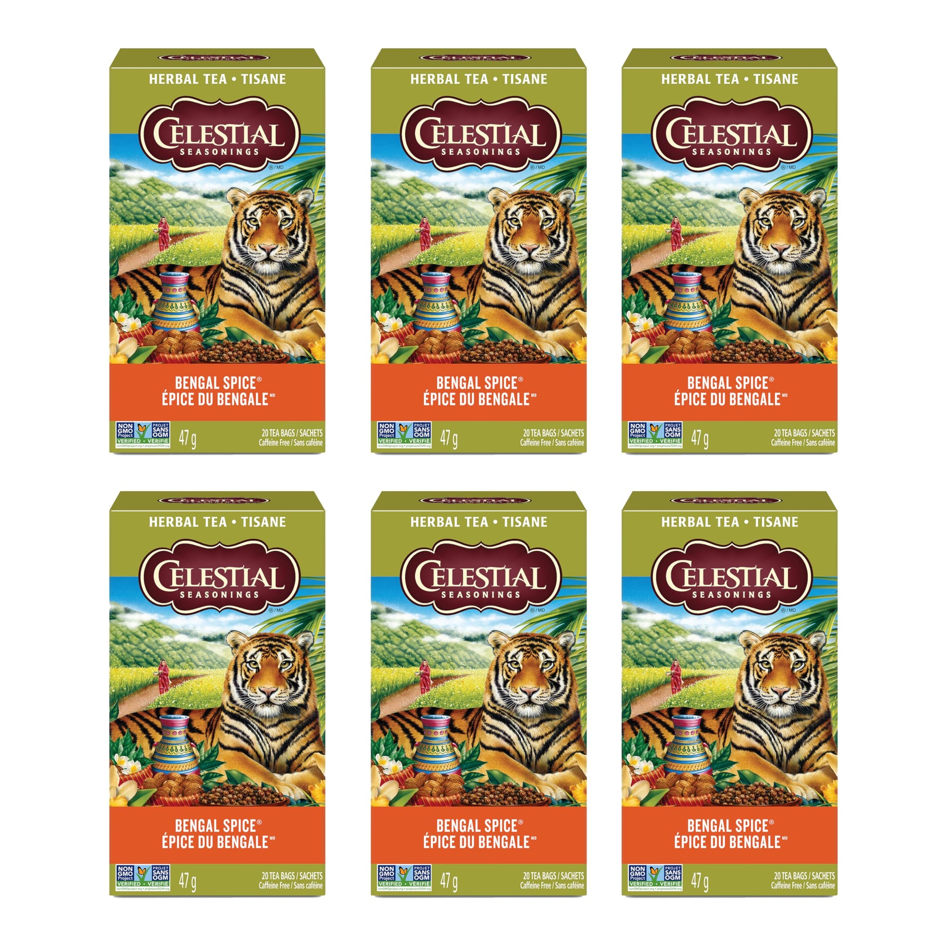 Celestial Seasonings Bengal Spice Herbal Tea, Caffeine Free, 20 Tea Bags Box, 6-Pack