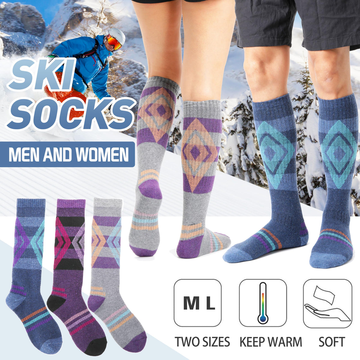 Welwoos Merino Wool Ski Socks for Mens Womens Thermal Winter Thick Warm Long Socks for Skiing Outdoor Sports Snowboarding 3 Pairs Gifts Stocking Stuffers for Men Women (Assorted,M) 🍁 All In One Marketplace Canada