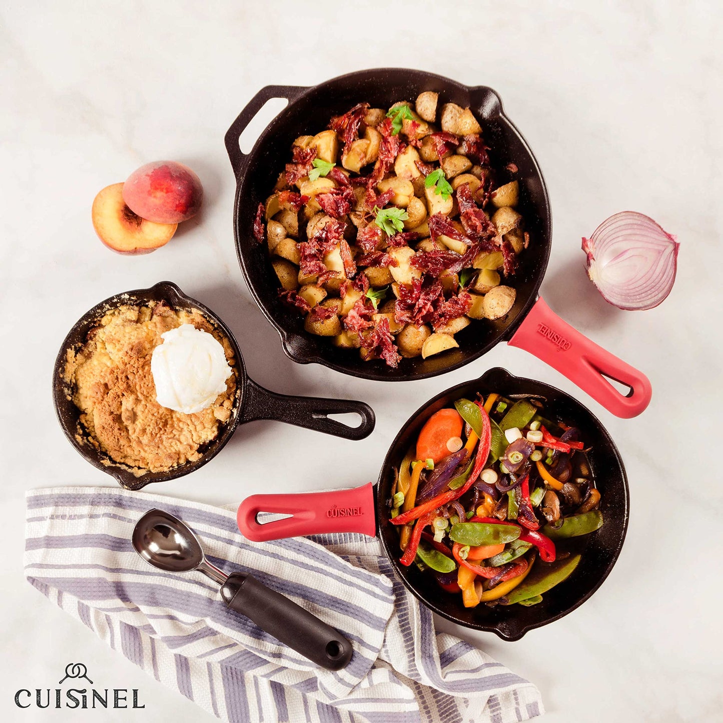 Cast Iron Skillet Set - 8" + 10" + 12"-Inch Pre-Seasoned Frying Pans + Silicone Handle Grip Covers - Indoor/Outdoor, Oven, Grill, Stovetop, BBQ, Fire and Induction Safe Kitchen and Camping Cookware Cuisinel