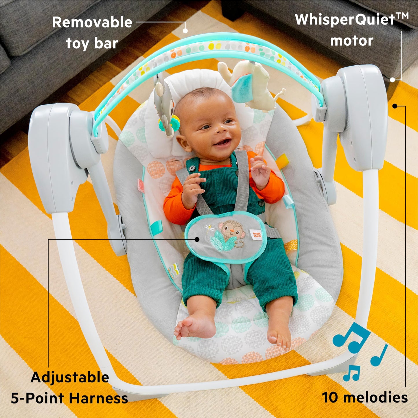 Bright Starts Portable Automatic 6-Speed Baby Swing, Compact Easy-Fold, Music, Toy Bar, 0-9 Months 6-20 lbs (Whimsical Wild) Bright Starts