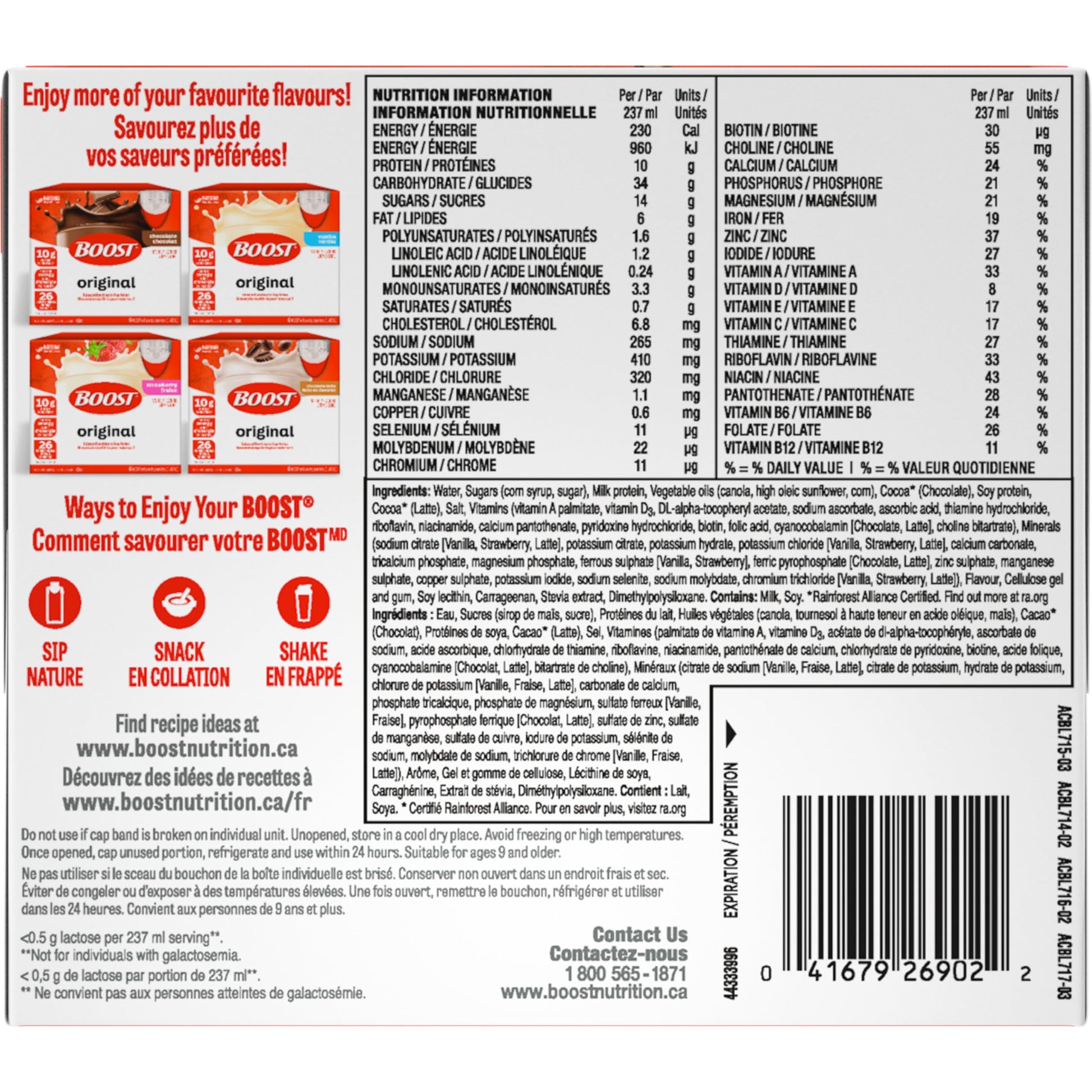 BOOST Original Complete Nutrition Meal Replacement Drink, Variety Pack (6x237ml), Case of 4