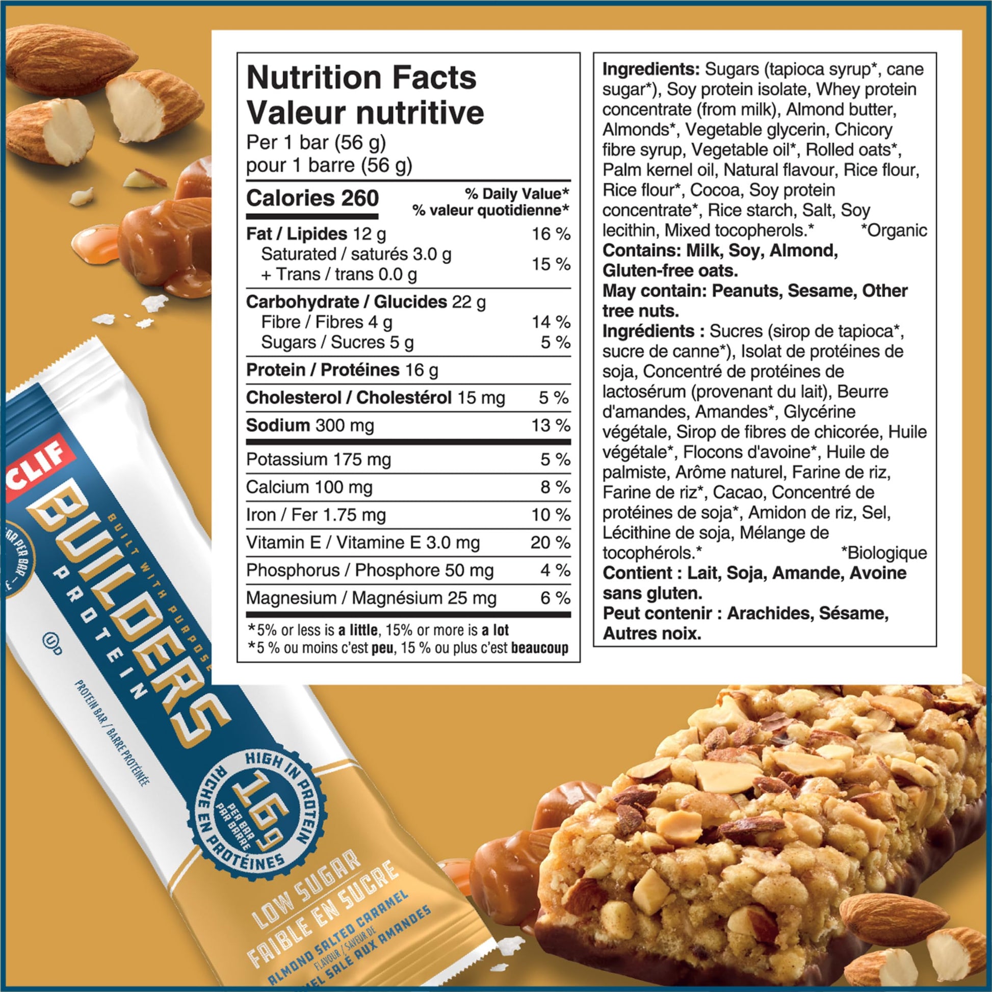 CLIF BUILDERS Low Sugar Protein Bars – Almond Salted Caramel, 12-Pack (56g each)