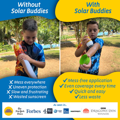 Solar Buddies Sunscreen Applicator - Green & Blue Duo - Refillable Roll on Sponge Sunscreen, Suncream & Lotion Applicator For Kids, Adults & Families - Holds 100ml, Perfect Size for Travel - Available at All In One Marketplace Canada
