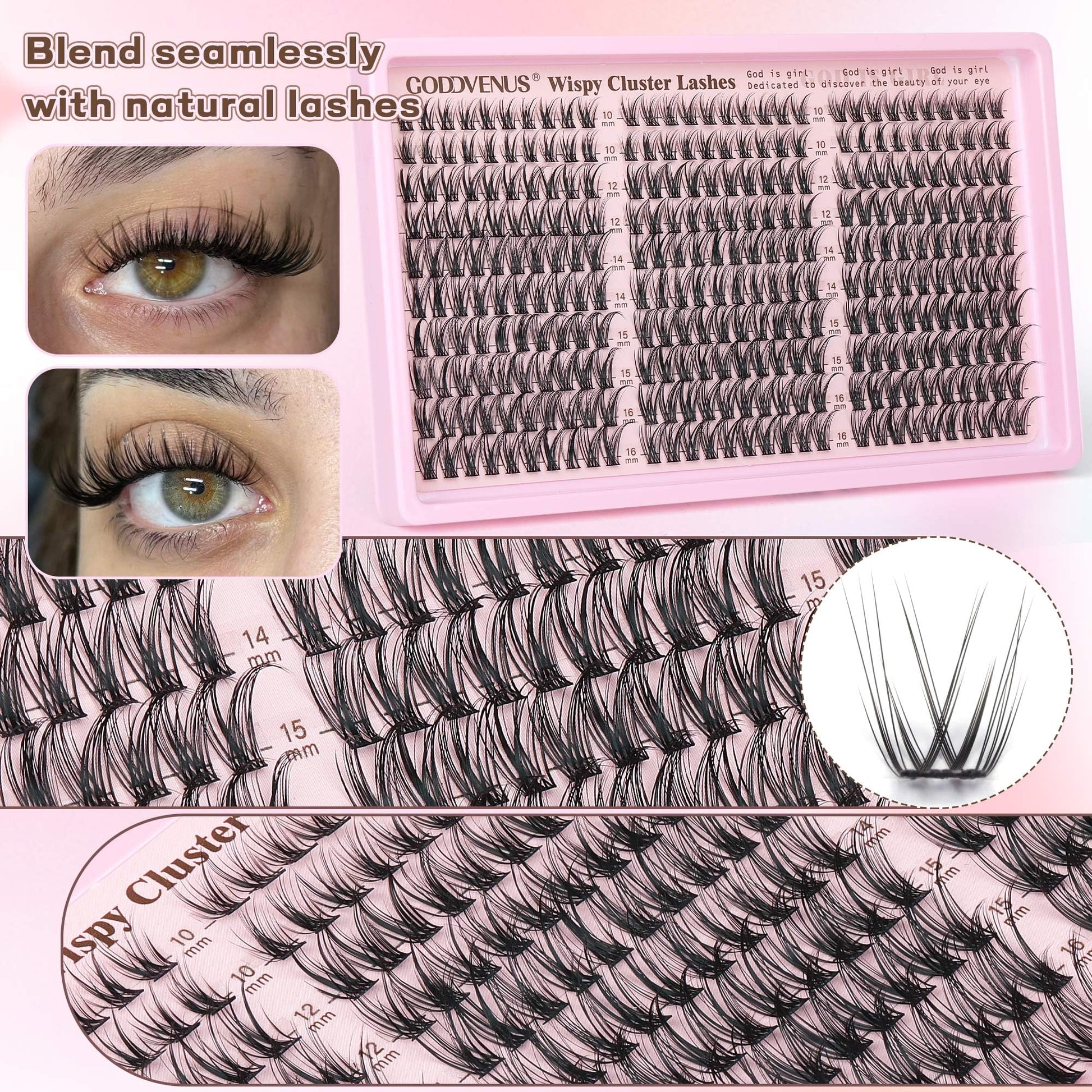 Goddvenus Cluster Lashes Kit Wispy Natural 300pcs Eyelashes Clusters 10-16mm DIY Eyelash Extensions Kit C Curl Individual Lashes for DIY Lash Extension