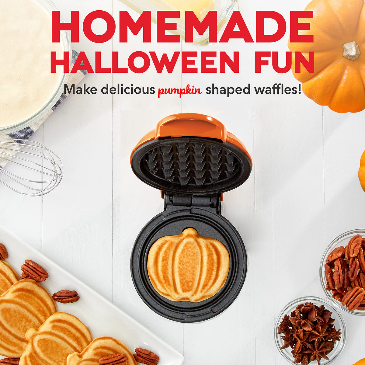 Mini gaufrier Dash (lot de 2) pour gaufres individuelles, galettes de pommes de terre, chaffles céto, avec surfaces antiadhésives faciles à nettoyer, 10 cm, Halloween, orange