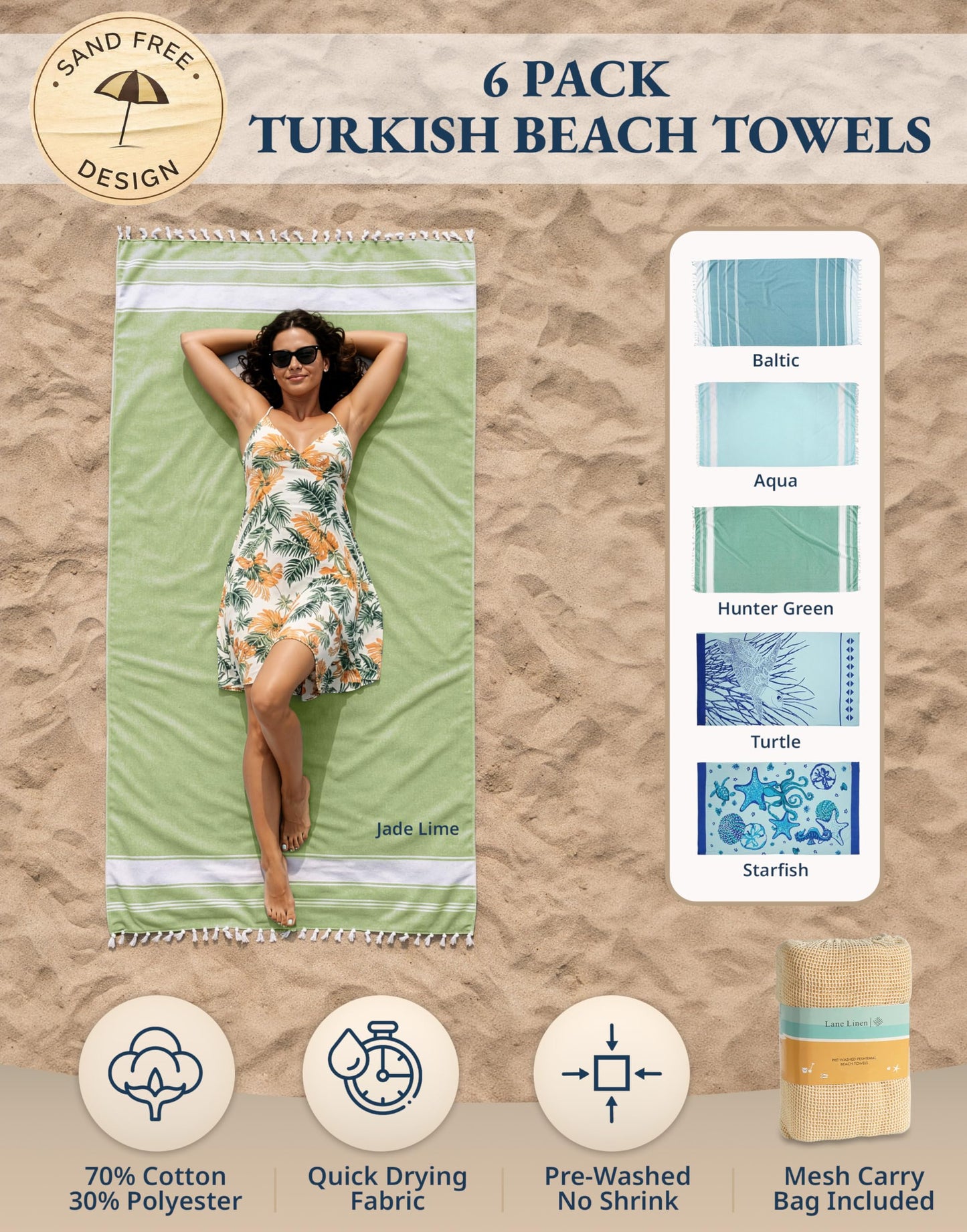 Lane Linen Turkish Beach Towels Set of 6, Oversized Beach Towel, Lightweight Beach Essentials for Women, Large Pool Towel, Absorbent & Quick Dry, Sand Free Beach Towel, 39"x71" - Tropical Breeze