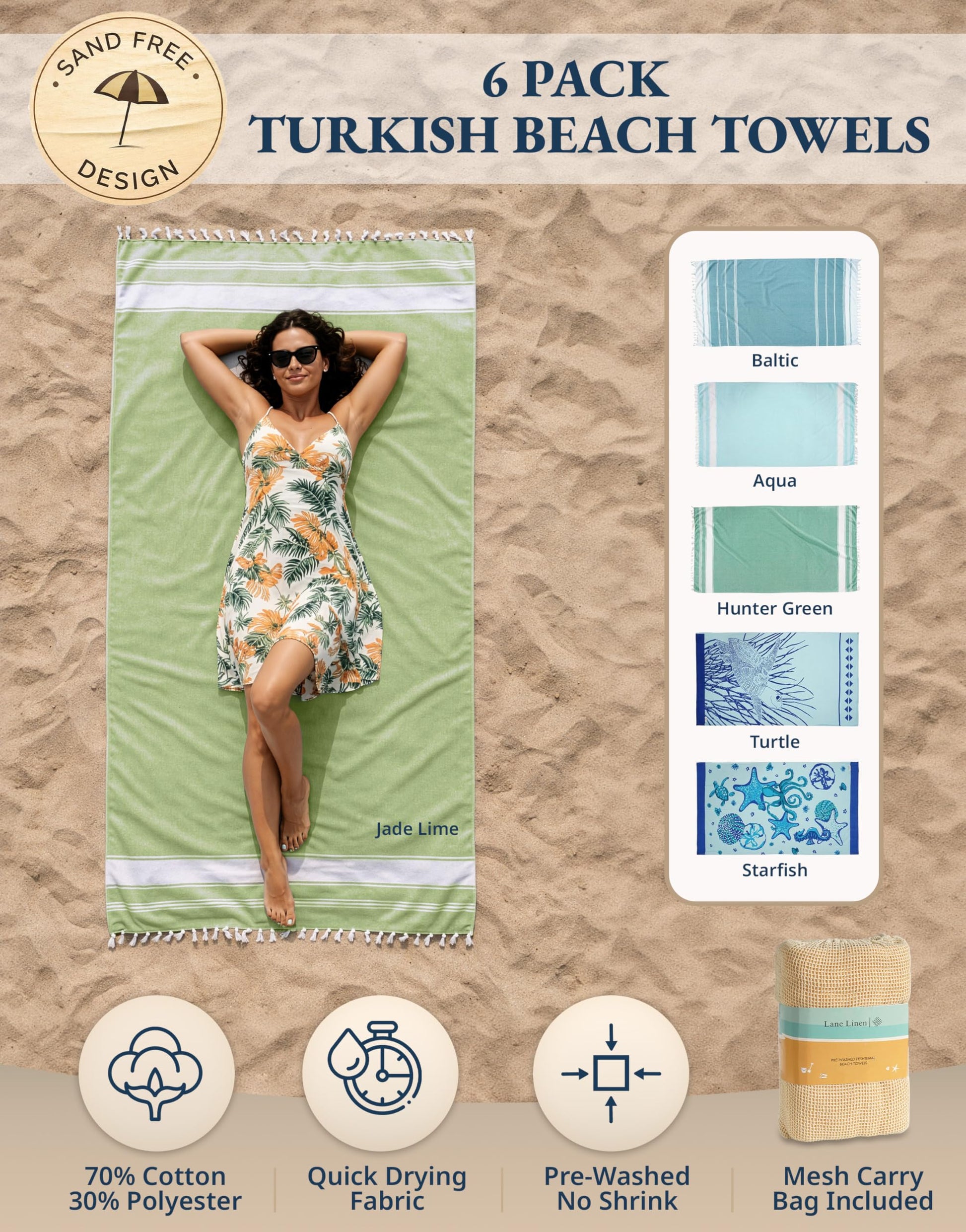 Lane Linen Turkish Beach Towels Set of 6, Oversized Beach Towel, Lightweight Beach Essentials for Women, Large Pool Towel, Absorbent & Quick Dry, Sand Free Beach Towel, 39"x71" - Tropical Breeze