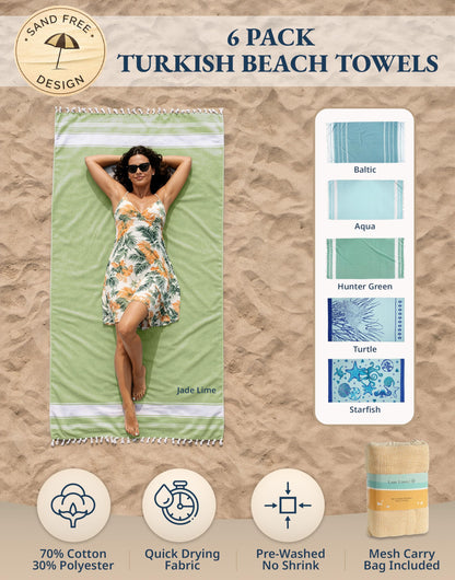 Lane Linen Turkish Beach Towels Set of 6, Oversized Beach Towel, Lightweight Beach Essentials for Women, Large Pool Towel, Absorbent & Quick Dry, Sand Free Beach Towel, 39"x71" - Tropical Breeze