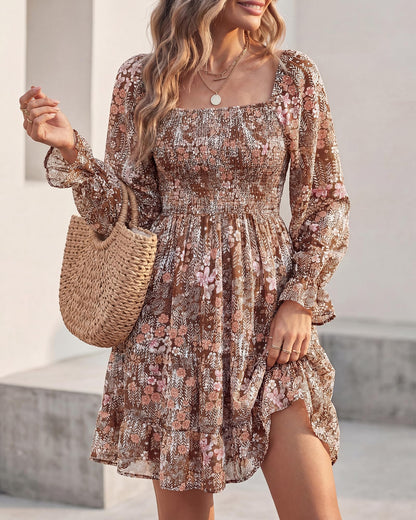 BTFBM Dresses Women Square Neck Long Sleeve Ruffle Hem Floral Short Dress 🍁 All In One Marketplace Canada
