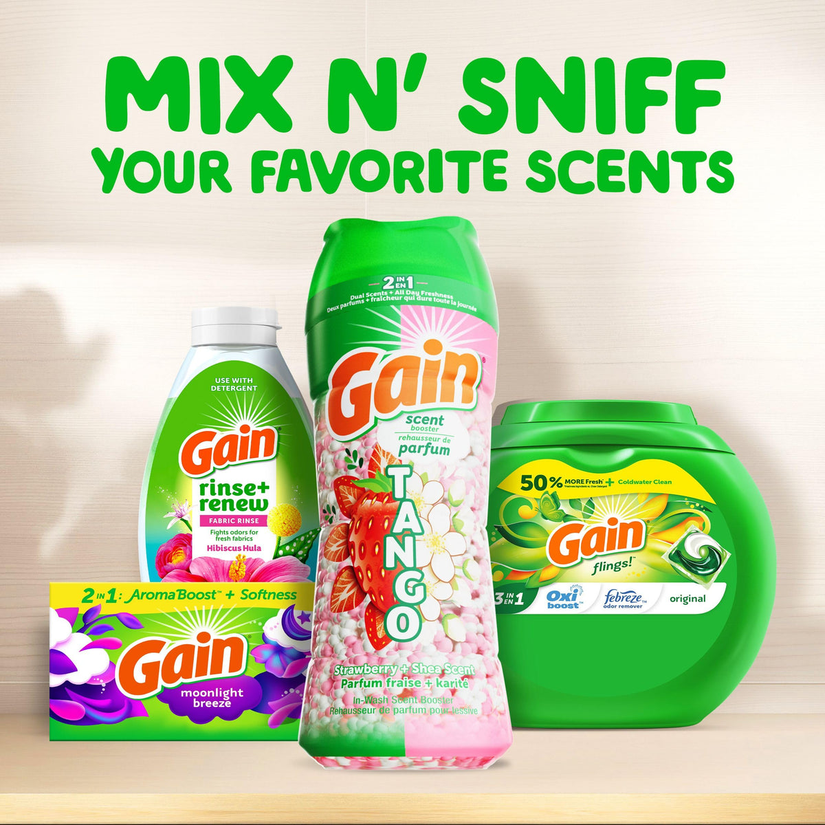 Gain Tango 2-in-1 Laundry Scent Booster Beads, Strawberry and Shea Scent, Laundry Beads with Dual Scents Plus All Day Freshness, 598 Grams