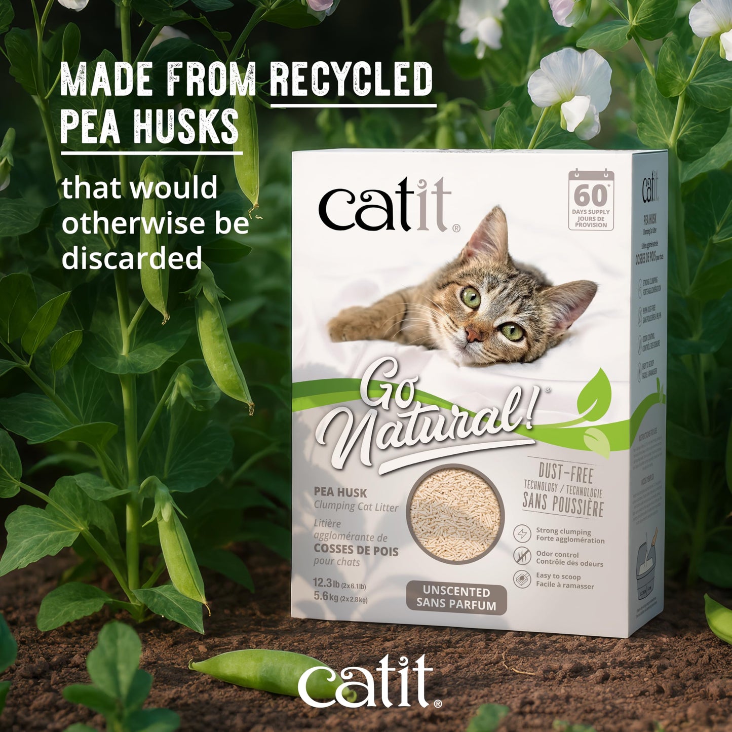 Catit Go Natural Pea Husk Clumping Cat Litter, Unscented, 5.6 kg, Dust Free & Lightweight Cat Litter, Easy to Scoop, Litiere Pour Chat