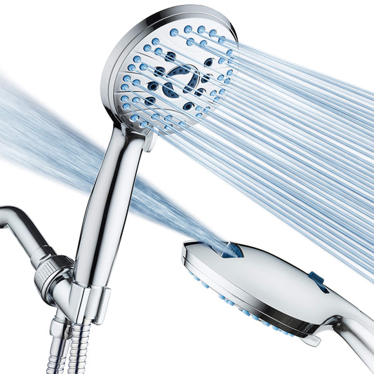 AquaCare High Pressure 8-Mode Handheld Shower Head - Anti-Clog Nozzles, Built-in Power Wash to Clean Tub, Tile & Pets, Extra Long 6 ft. Stainless Steel Hose, Wall & Overhead Brackets