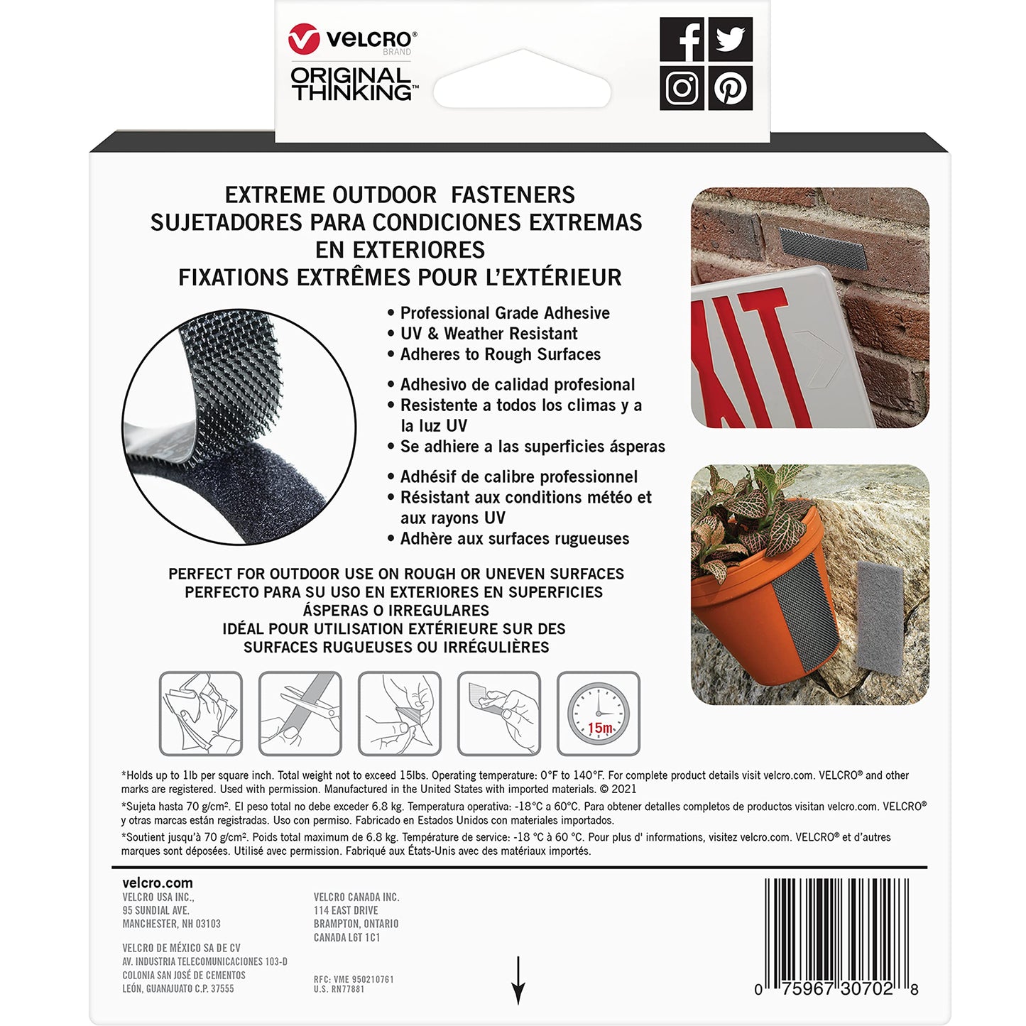 VELCRO Brand Extreme Outdoor Mounting Tape | 20Ft x 1 In, Holds 15 lbs | Strong Heavy Duty Stick on Adhesive | Mount on Brick, Concrete for Hanging, 30702 VELCRO
