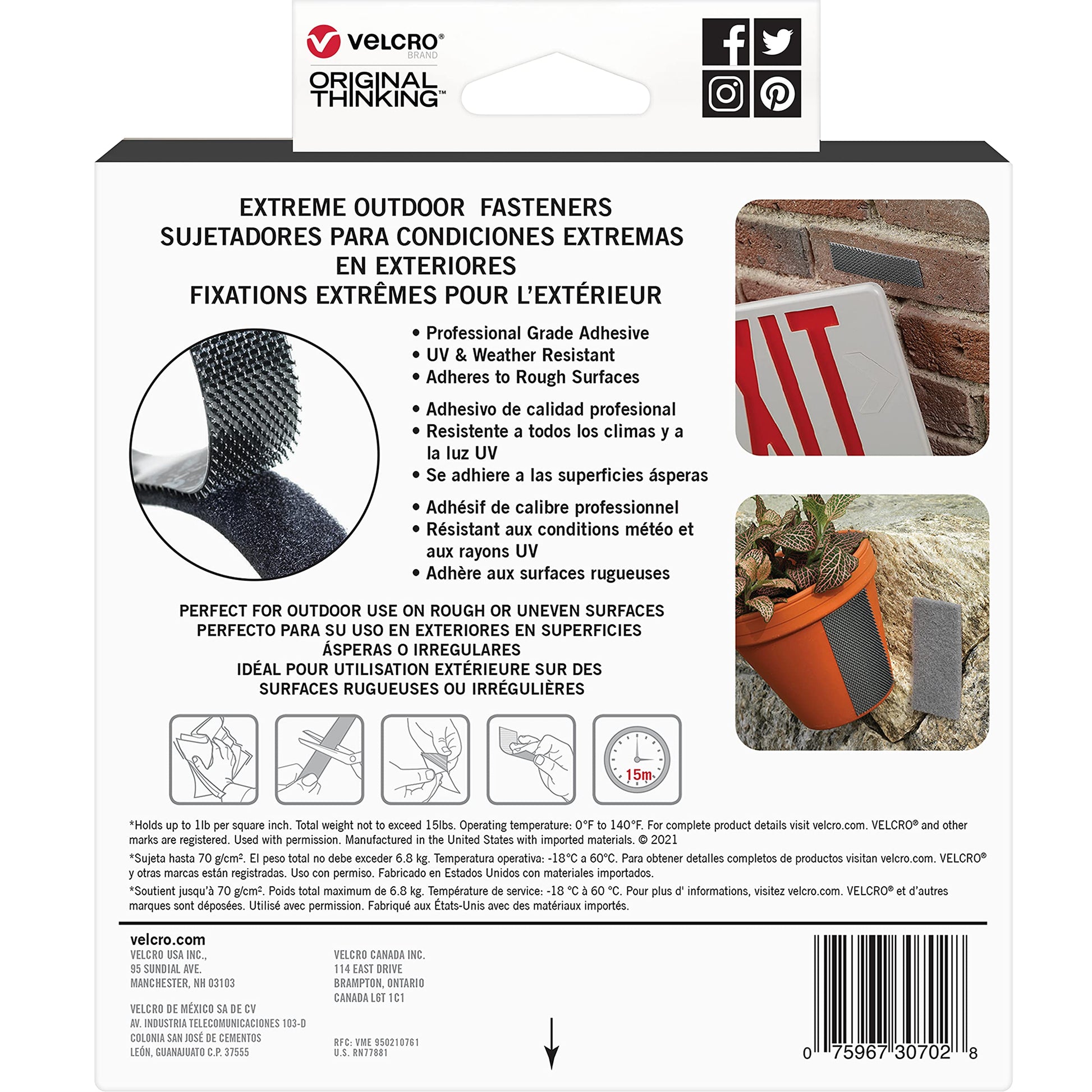 VELCRO Brand Extreme Outdoor Mounting Tape | 20Ft x 1 In, Holds 15 lbs | Strong Heavy Duty Stick on Adhesive | Mount on Brick, Concrete for Hanging, 30702 VELCRO