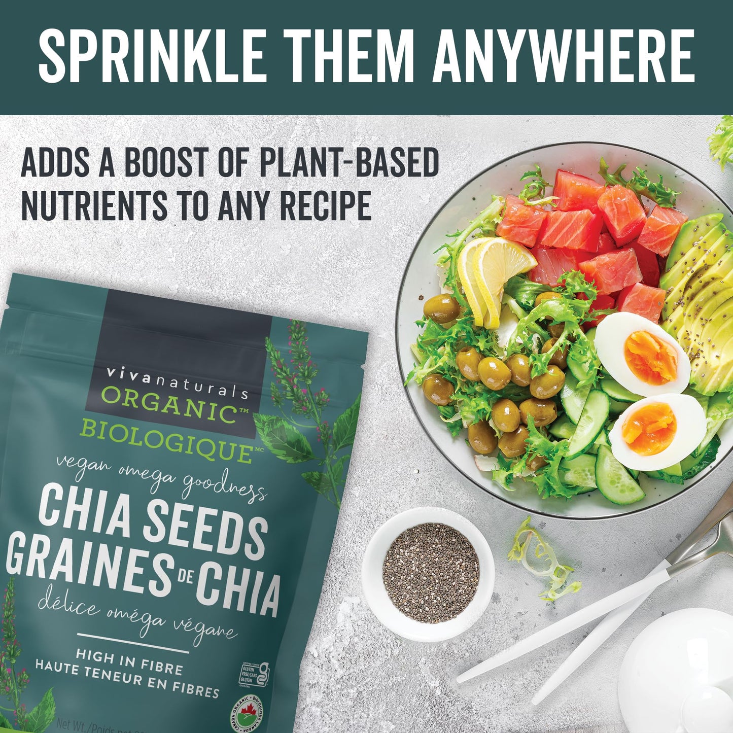 Viva Naturals Organic Chia Seeds, 2 lb – Plant-Based Omega-3s & 6s and Vegan Protein, Non-GMO, Black Chia Seeds Organic, Graine de Chia – Perfect for Smoothies, Salads, and Chia Seed Pudding