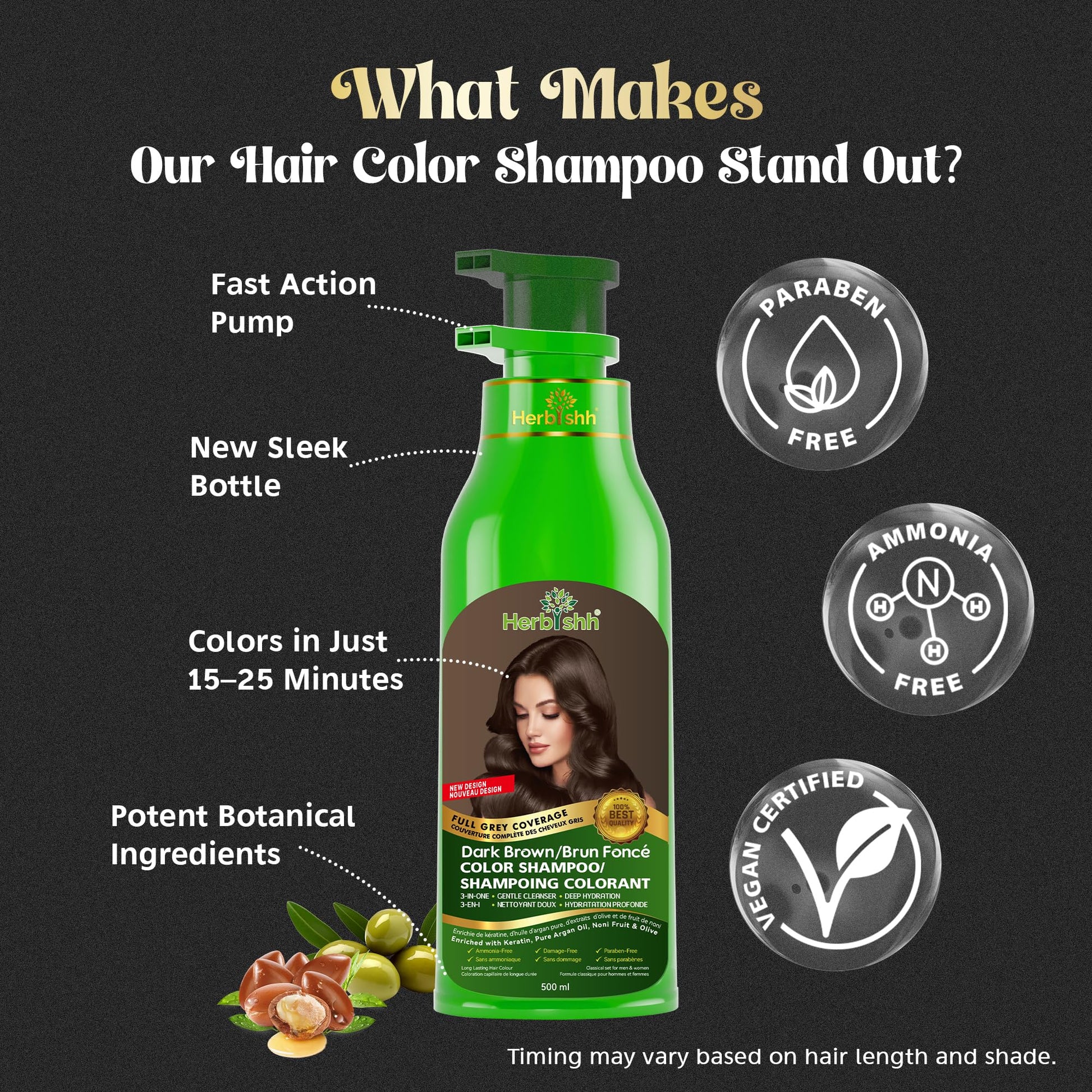 Herbishh Dark Brown Hair Dye Shampoo (500 mL), 3 in 1 Demi Permanent Hair Color Shampoo for Grey Coverage in 20-25 Minutes, Ideal for Women & Men. Ammonia-Free