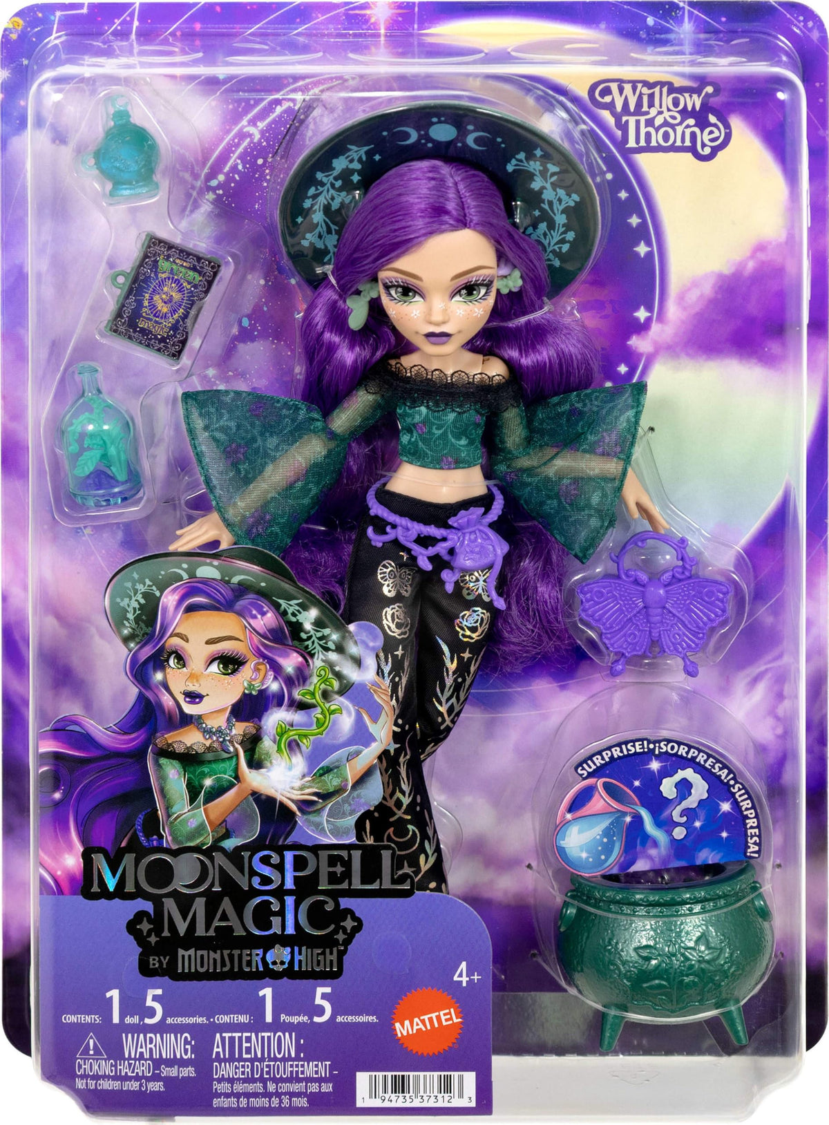 Monster High Doll, Moonspell Magic by Monster High Willow Thorne The Nature Witch with Hearing Aid, Cauldron Surprise & Accessories like Herb Jar