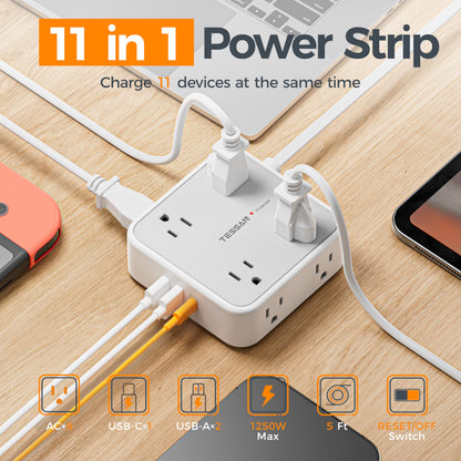 Flat Plug Power Bar, TESSAN 5 Ft Extension Cord Indoor with 8 Multi Outlets and 3 USB (1 USB C), Surge Protector Power Strip, Wall Mount Charging Station for Home Office Dorm, Gray