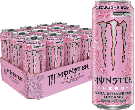 Monster Energy Ultra Strawberry Dreams, 473 mL Cans (12 Pack) – Zero Sugar Energy Drink