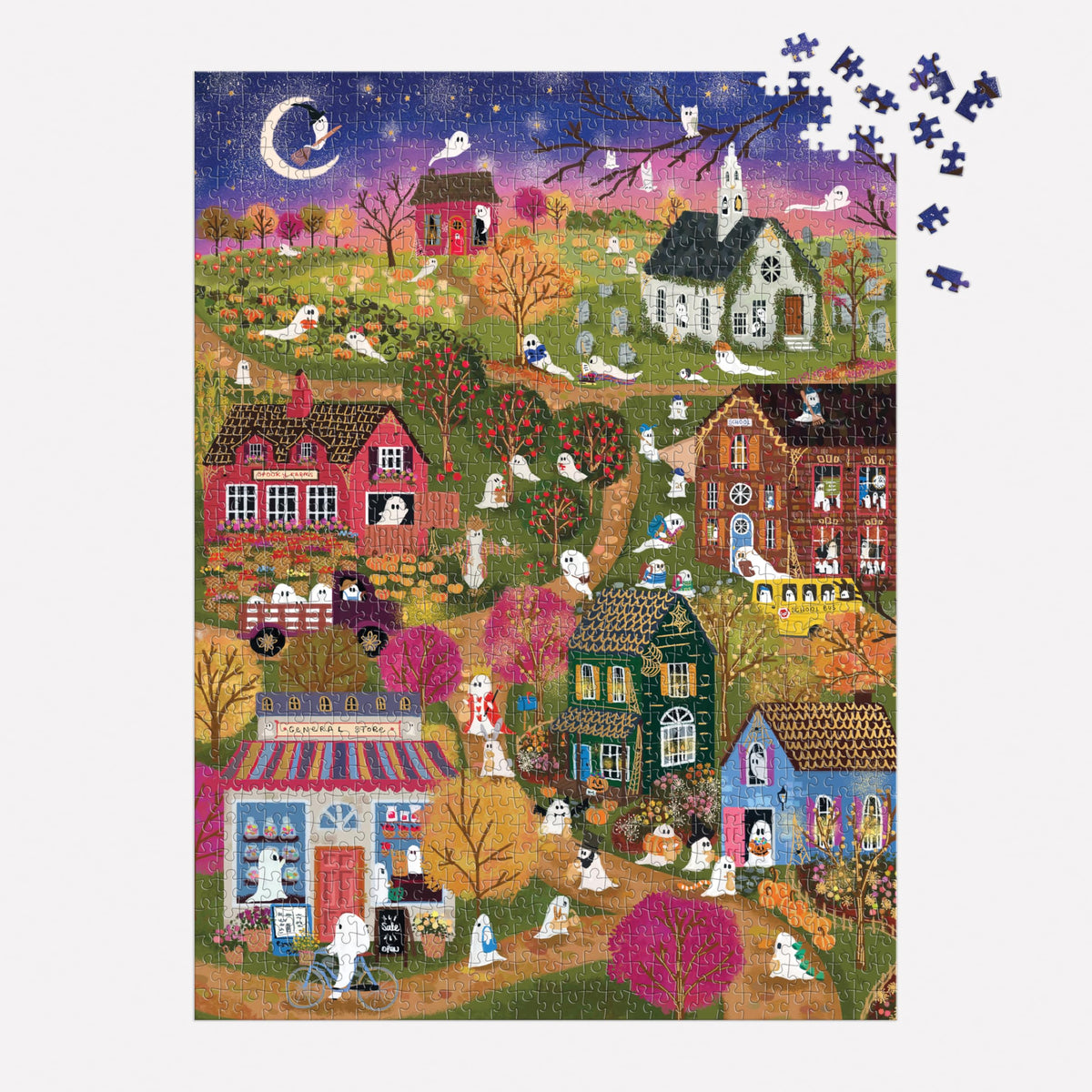 Galison Spooky Village – 1000 Piece Foil Joy Laforme Jigsaw Puzzle Featuring Spooky Artwork of Ghostly Village During Halloween