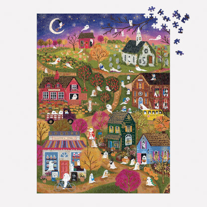Galison Spooky Village – 1000 Piece Foil Joy Laforme Jigsaw Puzzle Featuring Spooky Artwork of Ghostly Village During Halloween
