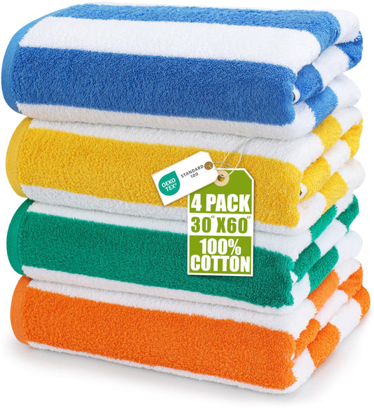 Utopia Towels 4 Pack Cabana Stripe Beach Towels (30x60 inches) - 100% Ring Spun Cotton Large Pool Towels, Soft and Quick Dry Swim Towels (Blue, Green, Orange & Yellow)