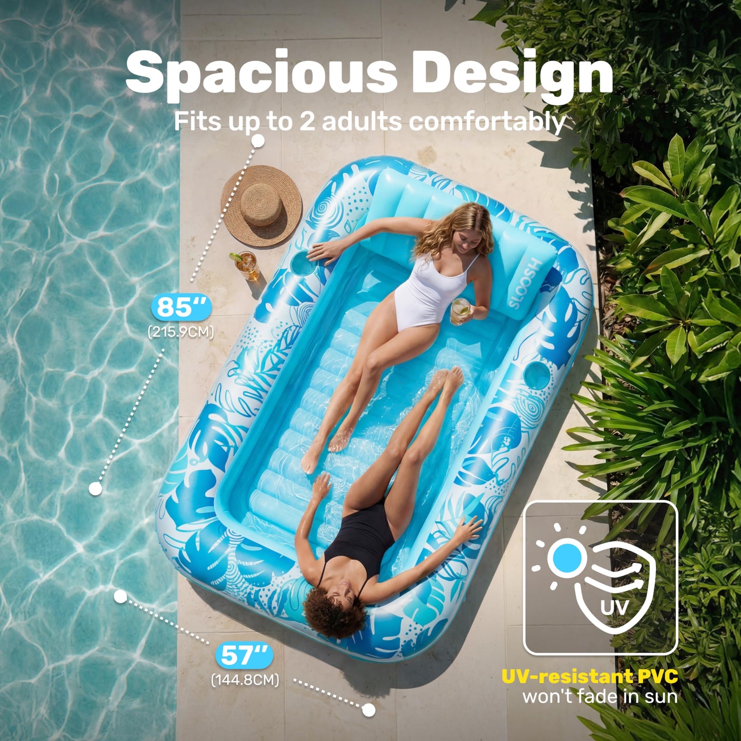 Sloosh Inflatable Tanning Pool Lounger Float-XL, 85" x 57" Extra Large Suntan Sun Tan tub for Adults, Bed Blow up, Raft Lounge Floatie, XL-Blue