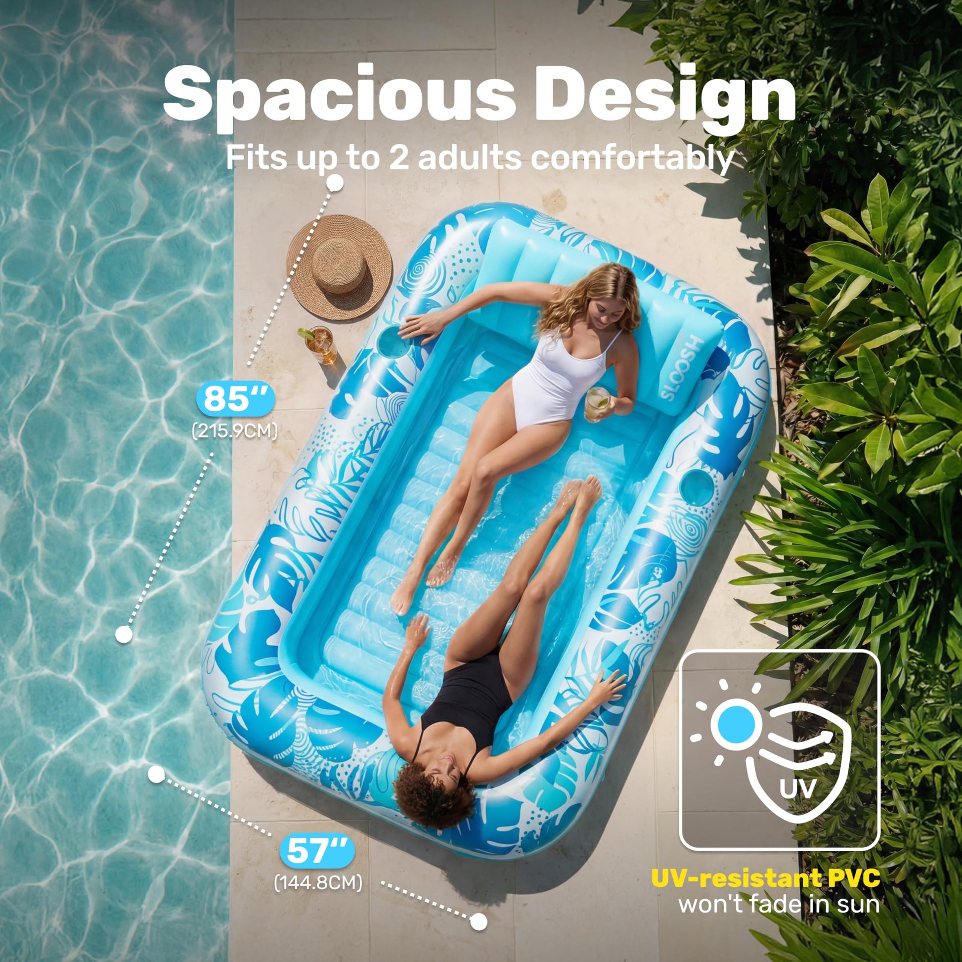 Sloosh Inflatable Tanning Pool Lounger Float-XL, 85" x 57" Extra Large Suntan Sun Tan tub for Adults, Bed Blow up, Raft Lounge Floatie, XL-Blue