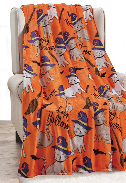 Elegant Comfort Lightweight Printed Throw Blanket- All Season, Ultra Soft, Cozy and Plush- Decorative Throw Blankets, Perfect for Lounging, 50 x 60 inches, Halloween Cats, Throw Blanket