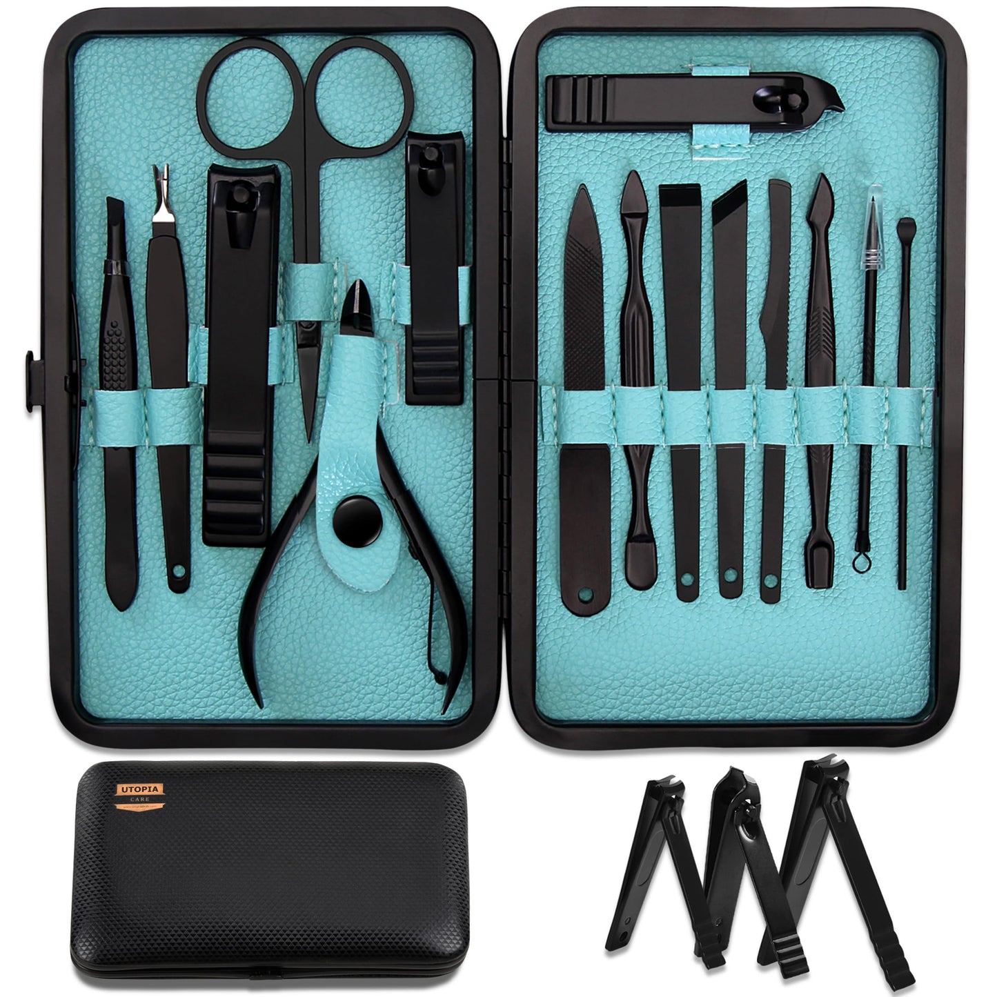 Utopia Care - 15 in 1 Stainless Steel Professional Manicure Pedicure Set Nail Clippers Kit – Portable Travel Grooming Kit - Facial, Cuticle and Nail Care for Men and Women (Black) - Available at All In One Marketplace Canada