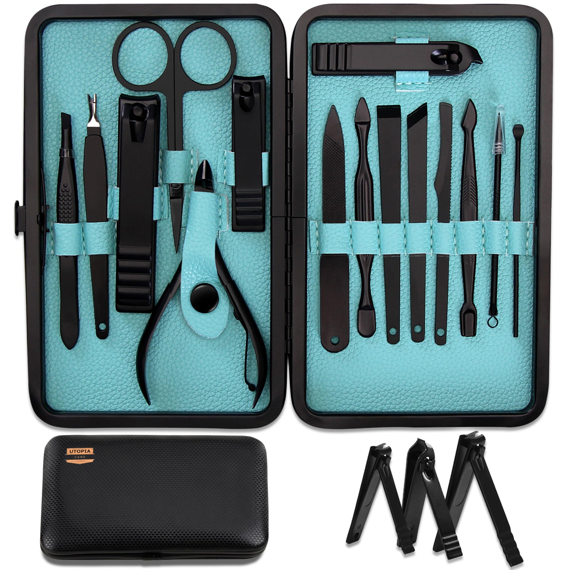 Utopia Care - 15 in 1 Stainless Steel Professional Manicure Pedicure Set Nail Clippers Kit – Portable Travel Grooming Kit - Facial, Cuticle and Nail Care for Men and Women (Black) - Available at All In One Marketplace Canada