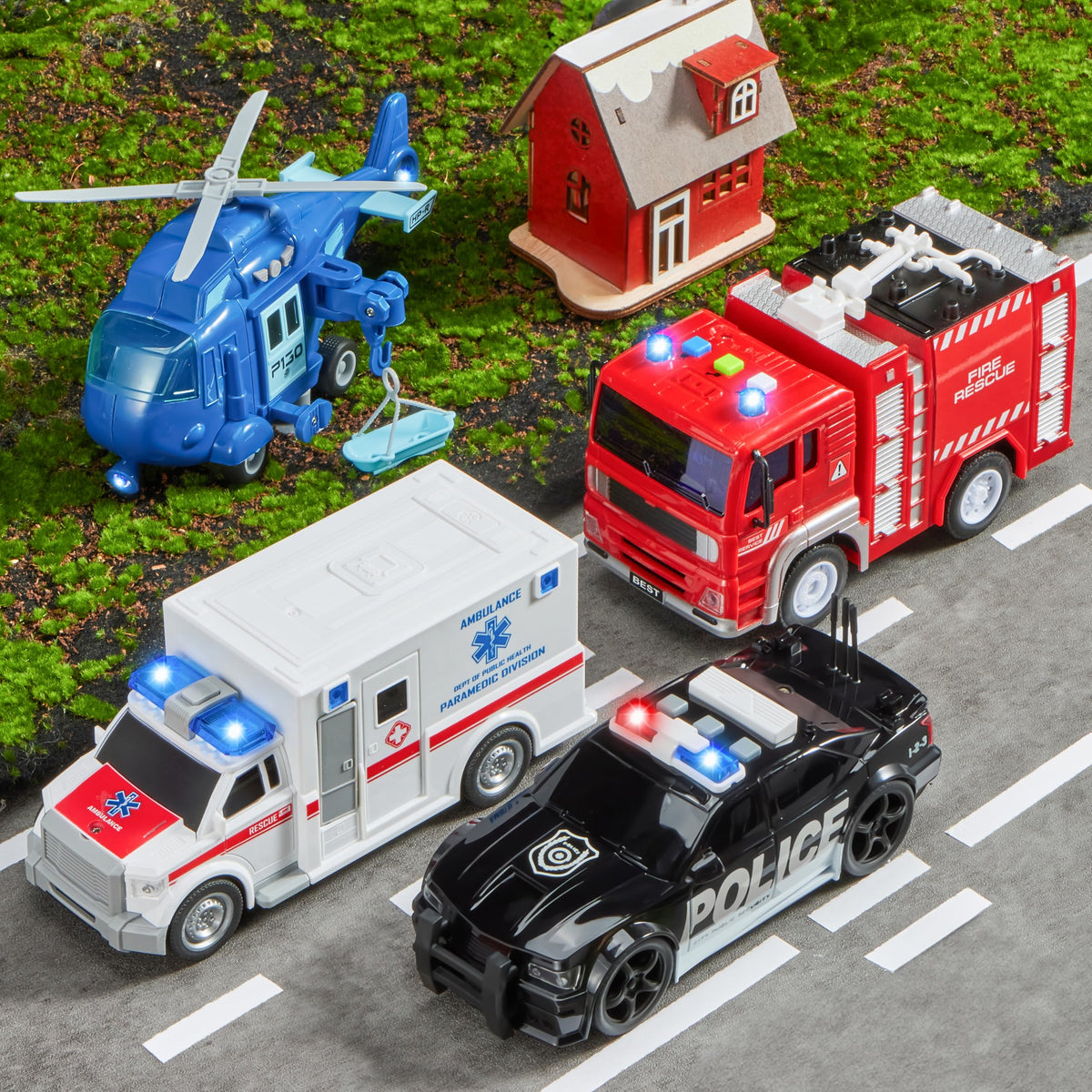 JOYIN 4 Packs Emergency Vehicle Toy Playsets, Friction Powered Vehicles with Light and Sound, Including Fire Truck, Ambulance, Play Police Car and Helicopter, Christmas Toddler Kids Boys Gifts 🍁 All In One Marketplace Canada
