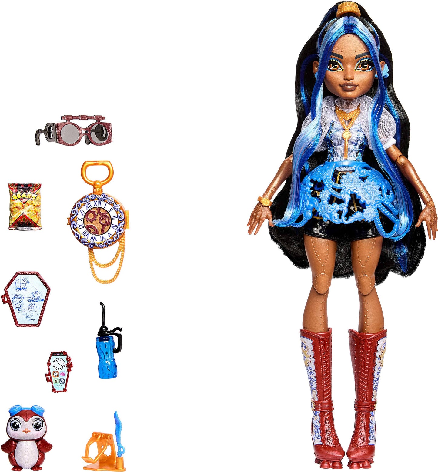 Monster High Doll, Robecca Steam in Blue Blouse and Black Shorts with Pet Penguin Captain Penny and 7 Accessories Like Flying Goggles and Purse 🍁 All In One Marketplace Canada