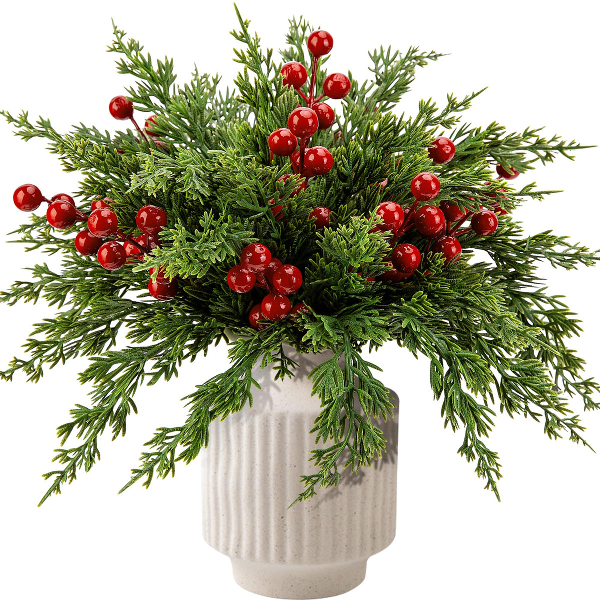 Watayo 60 Pcs Christmas Artificial Pine Branches with Red Berry Stems, 10.5" Faux Evergreen Norfolk Pine Cypress Leaves Stems, Fake Foliage Pine Needles Picks for DIY Craft Garland Home Decor 🍁 All In One Marketplace Canada