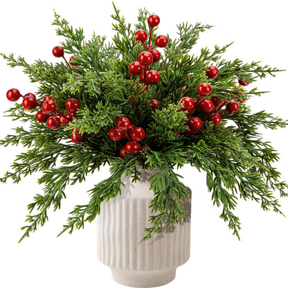 Watayo 60 Pcs Christmas Artificial Pine Branches with Red Berry Stems, 10.5" Faux Evergreen Norfolk Pine Cypress Leaves Stems, Fake Foliage Pine Needles Picks for DIY Craft Garland Home Decor 🍁 All In One Marketplace Canada