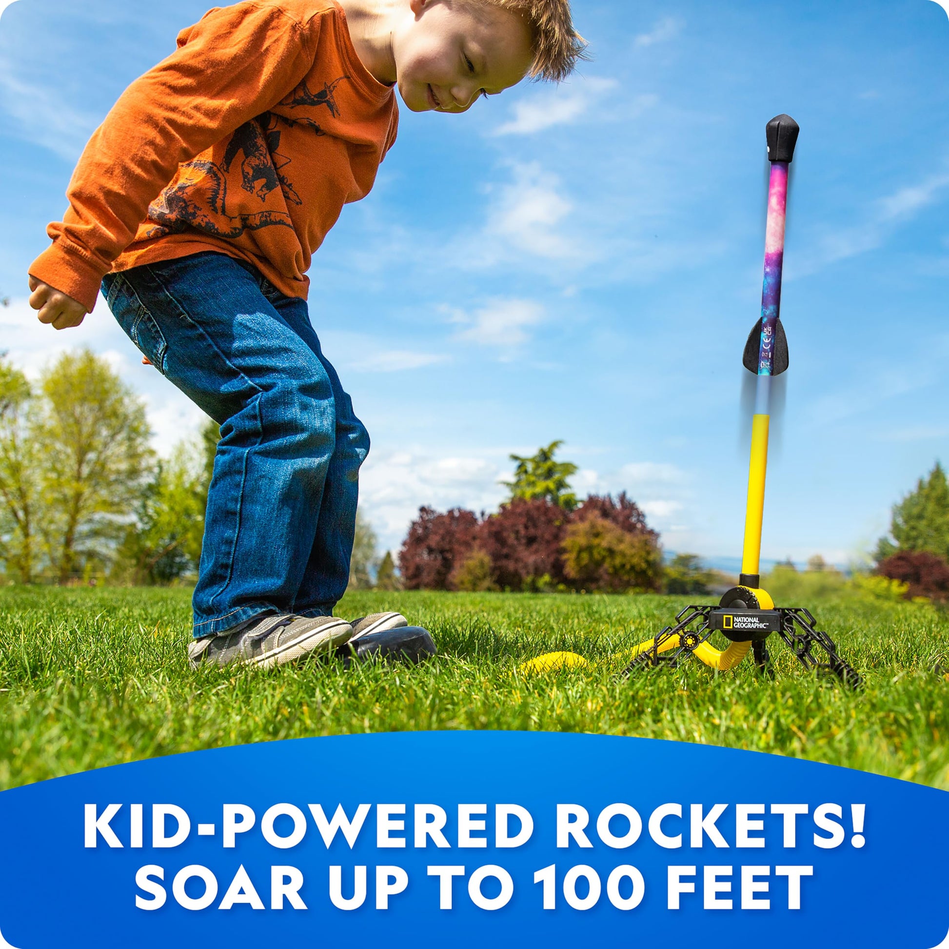 National Geographic Air Rocket Toy – LED Rocket Launcher for Kids, Jump & Launch Air Powered Foam Rockets up to 30.5 Meters, Kids Outdoor Activities