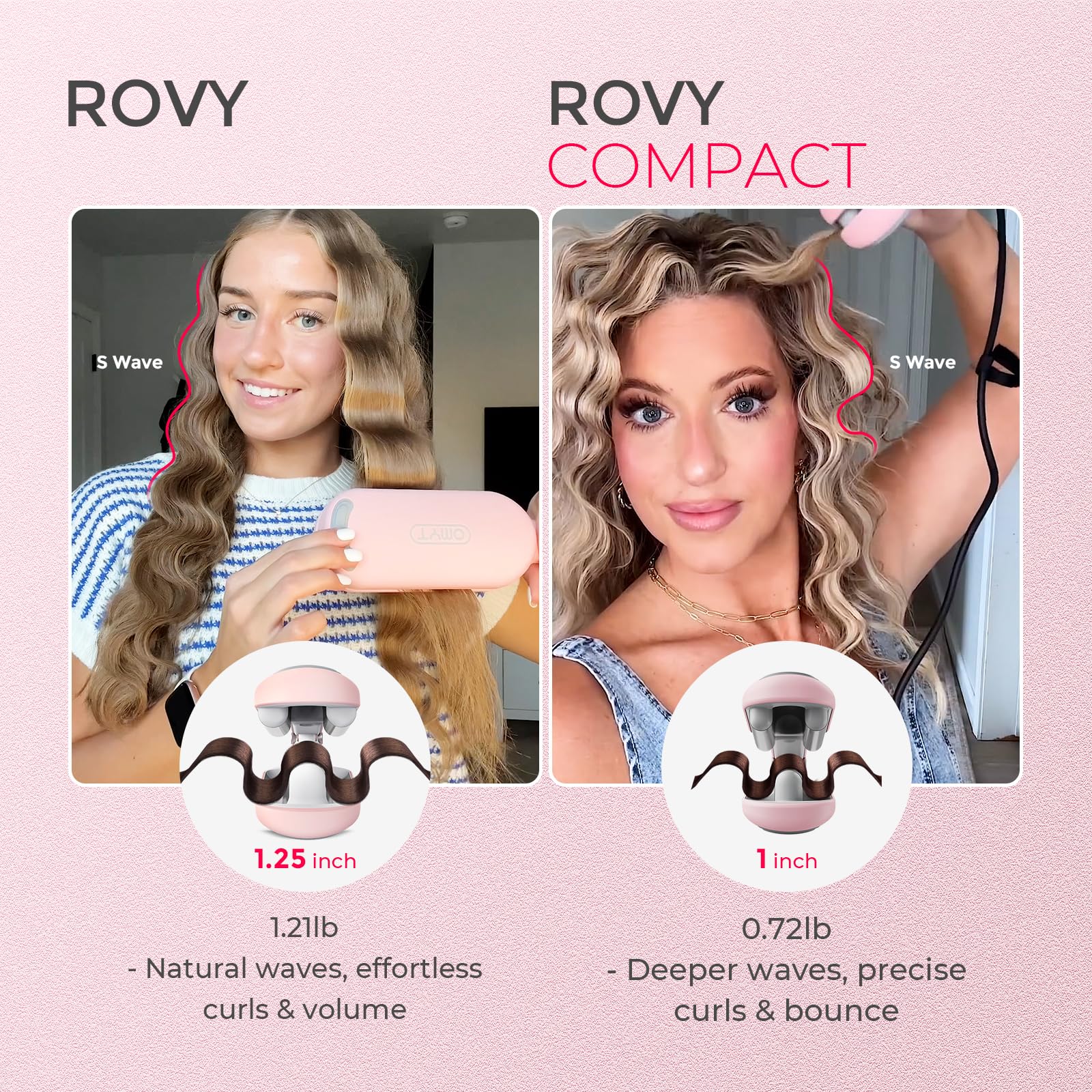 TYMO ROVY Hair Waver Curling Iron, 3-Barrel Ionic Hair Curler with 9 Heat Settings, Beach Waves Crimper for Women, Travel-Friendly, Anti-Scald, Fast Heating, Easy to Use, Pink, 1 inch - Available at All In One Marketplace Canada