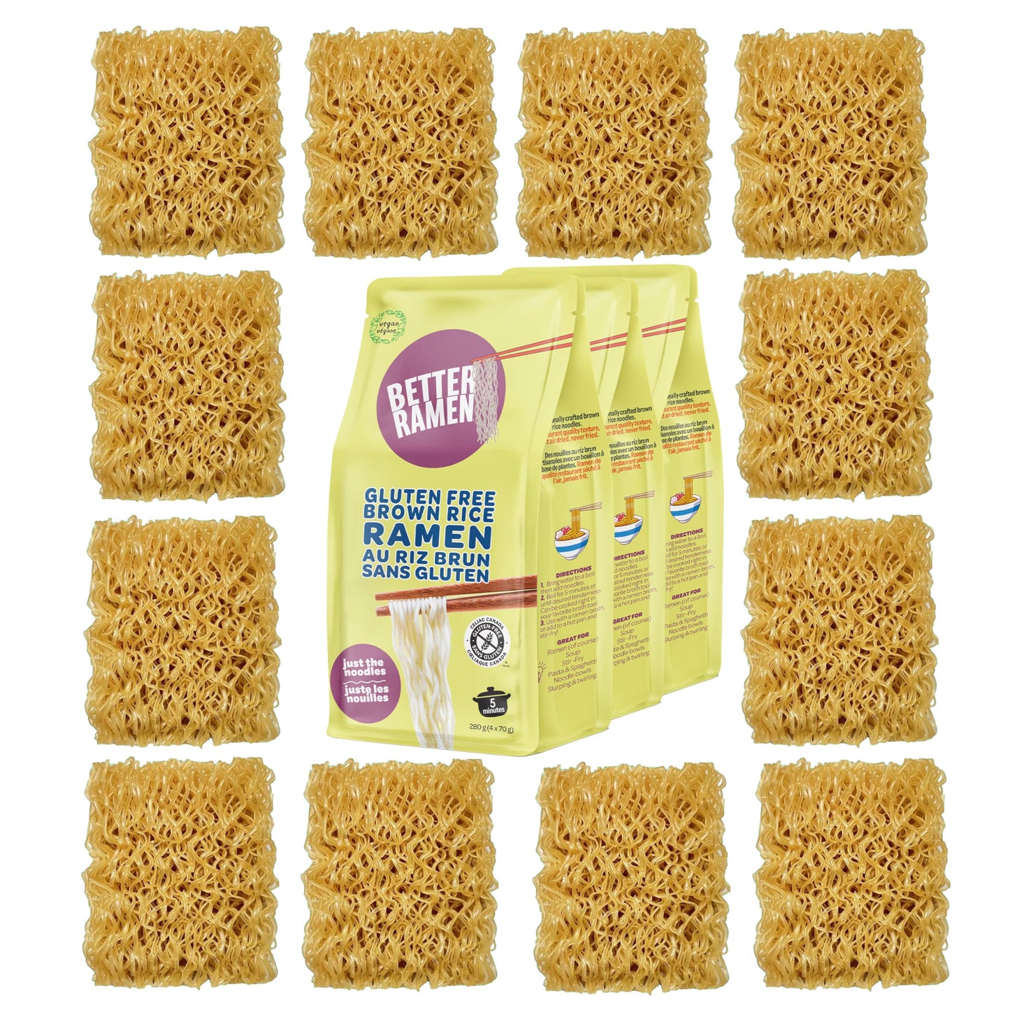 BetterRamen Gluten-Free Brown Rice Ramen Noodles – Vegan, Non-GMO, 12 Cakes (840g)
