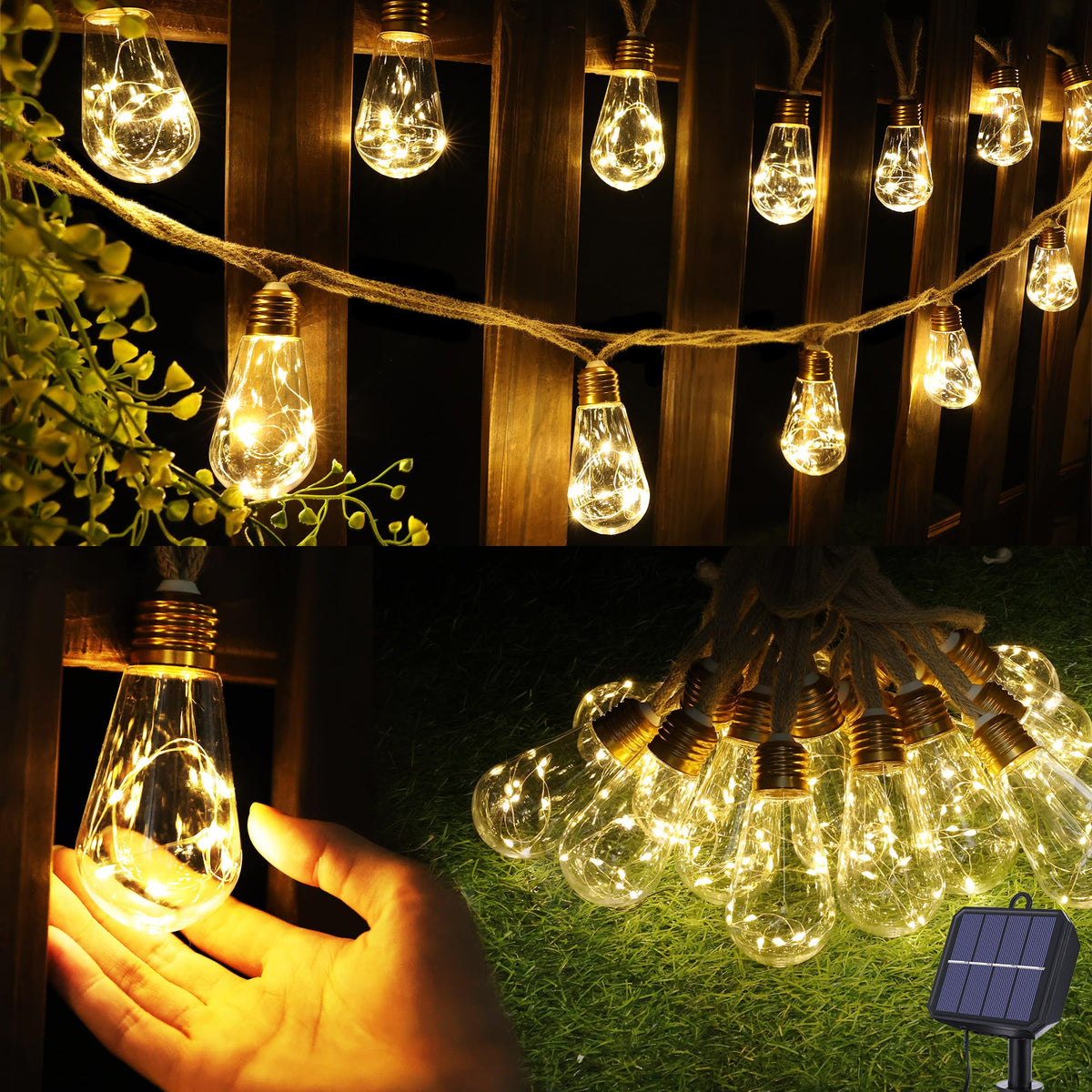 Solar Outdoor String Lights, 20Ft Vintage Rope Hemp Solar Patio Lights, Waterproof Warm White Solar Powered Christmas String Lights with 8 Modes 16 Shatterproof Bulbs for Garden Fence Stairs Balcony 🍁 All In One Marketplace Canada
