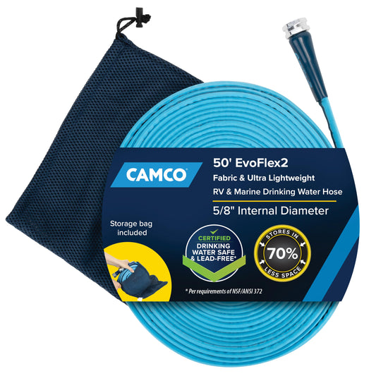 Camco EvoFlex2 50-ft Drinking Water Hose - RV Drinking Water Hose Reinforced with Fabric & Ultra Lightweight - Contains No Lead, No BPA & No Phthalate - Abrasion Resistant (22579)
