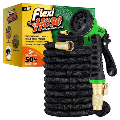 Flexi Hose with 8 Function Nozzle Expandable Garden Hose, Lightweight & No-Kink Flexible Garden Hose, 3/4 inch Solid Brass Fittings and Double Latex Core, 50 ft Black