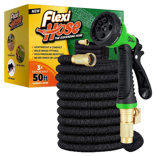 Flexi Hose with 8 Function Nozzle Expandable Garden Hose, Lightweight & No-Kink Flexible Garden Hose, 3/4 inch Solid Brass Fittings and Double Latex Core, 50 ft Black