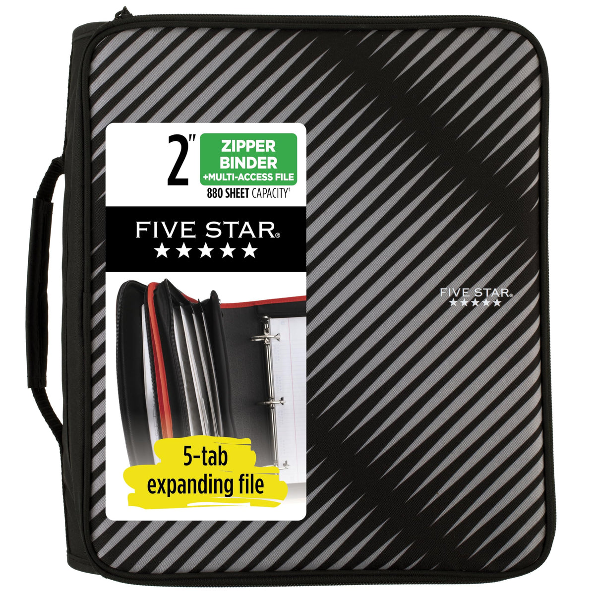 Five Star Zipper Binder, 2 Inch 3 Ring Binder, 6-Pocket Expanding File, Durable, Black (72536)