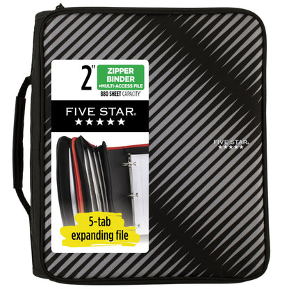 Five Star Zipper Binder, 2 Inch 3 Ring Binder, 6-Pocket Expanding File, Durable, Black (72536)
