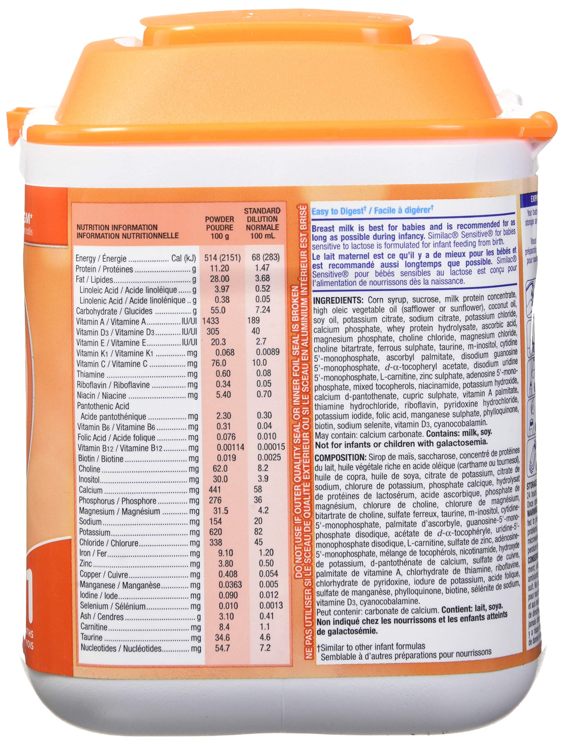Similac Sensitive Lactose Sensitivity Non-gmo Baby Formula Powder, 0+ Months, Orange, 638g Similac