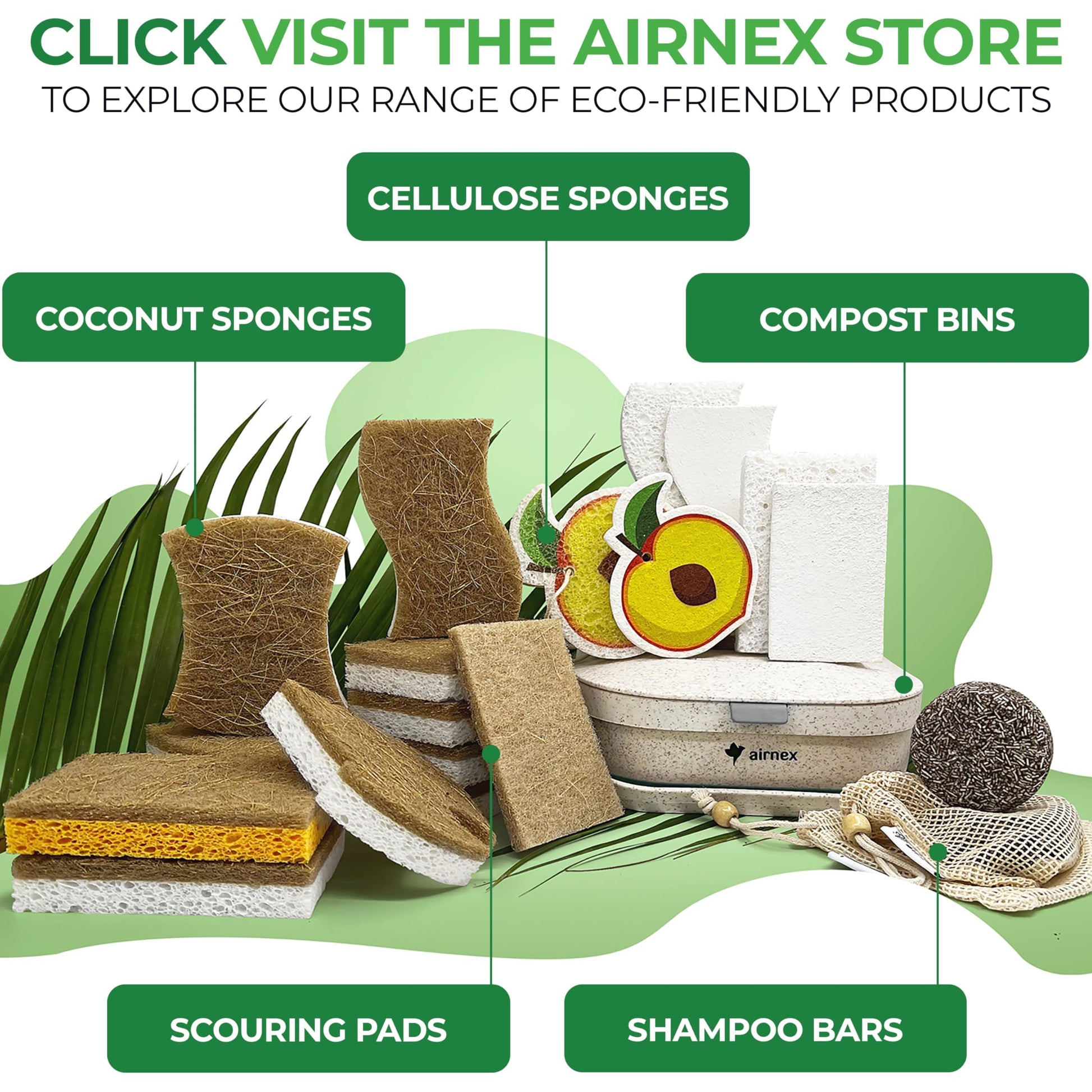 AIRNEX 12 Pack Natural Sponges for Dishes - Biodegradable Sponges for Kitchen - Plant Based Cellulose & Coconut Natural Dish Sponge - Non Toxic Eco Friendly Sponges, Non Scratch Kitchen Scrubber - Available at All In One Marketplace Canada