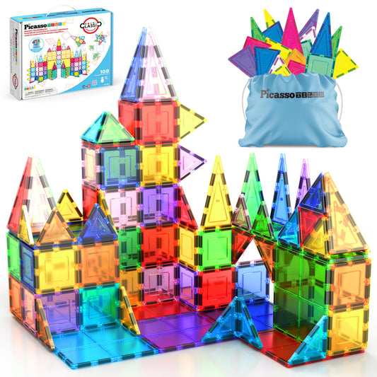 PicassoTiles 100 Piece Set 100pcs Magnet Building Tiles Clear Magnetic 3D Building Blocks Construction Playboards, Creativity beyond Imagination, Inspirational, Recreational, Educational Conventional